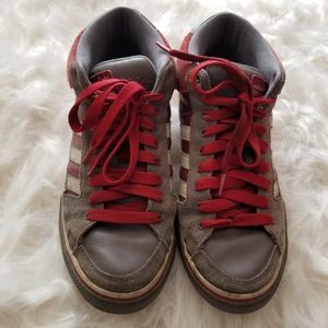 red and white high top adidas